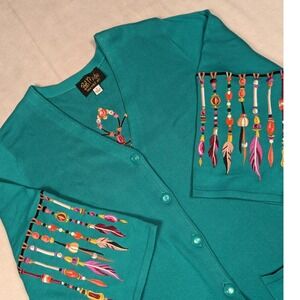 Bob Mackie Wearable Art Teal Green Embroidered Feather Cardigan Sweater Womens S